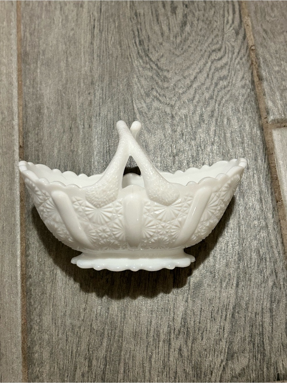 vintage Fenton white milk glass basket featuring a "Daisy & Button" pattern.